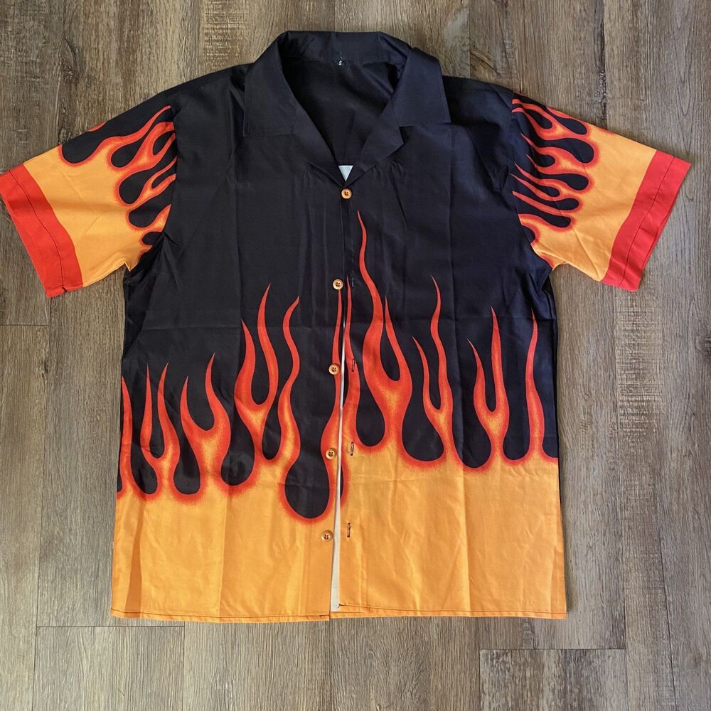 Vintage 90s Fire Flames Short Sleeve Streetwear - Mens Small Collared Shirt